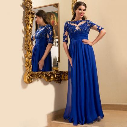 Royal Blue Long Sleeve Prom Dress, Lace Floor-length Prom Dresses, 1/2