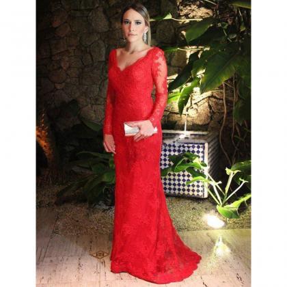 Elegant Long Sleeved Red Sheath Pro..