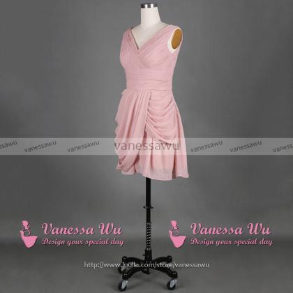 Simple V-neck Pink Bridesmaid Dress..