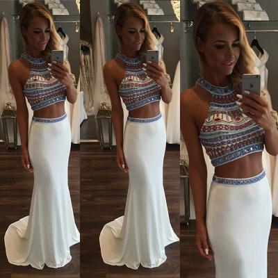 Two Piece Beaded Chiffon Prom Crop Top and Skirt, White Prom Dresses with Gemstones, Sleeveless Halter Prom Dresses, #020101850