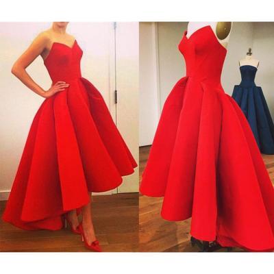 Red High Low Prom Dresses, Asymmetrical Satin Ball Gown Prom Dress, New Arrival Sweetheart Prom Dresses, #020102193