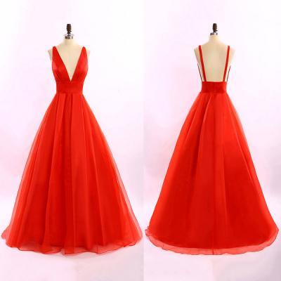 Hot Red Long Prom Dresses, Sexy Plunge V-neck Ball Gowns, Backless Princess Prom Dresses, Unique Ball Gowns, #020102184