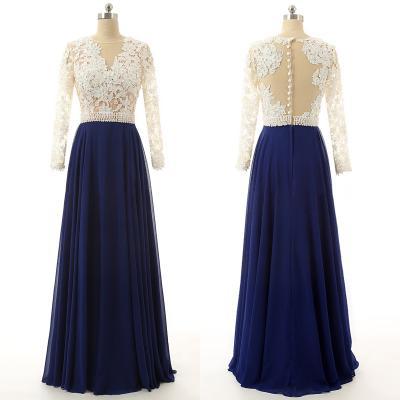 Lace Prom Dresses with Pearl Beaded Belt, Navy Blue A-line Chiffon Evening Dresses, Modest Long Sleeve Tulle Prom Dresses, #020102104