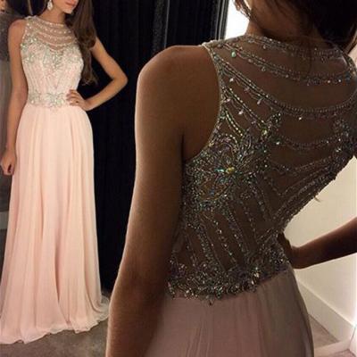 Illusion Neckline Beaded Back Prom Dress, Blush Chiffon Prom Dress, Pale Pink Prom Dresses with Beaded See-through Back, #020100026