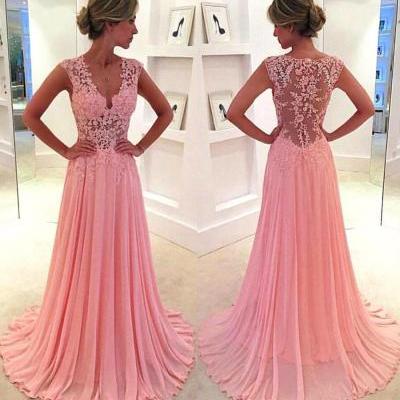 V-neck Pink Prom Dresses with Lace Appliques, Floral Lace Prom Dress, Modest Cap Sleeve V-neck Prom Dress, #020102171