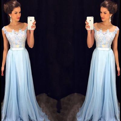 Light Blue Prom Dress with Floral Lace Applique, Cap Sleeve Chiffon Prom Dresses, Cheap A-line Prom Dresses, #020101989