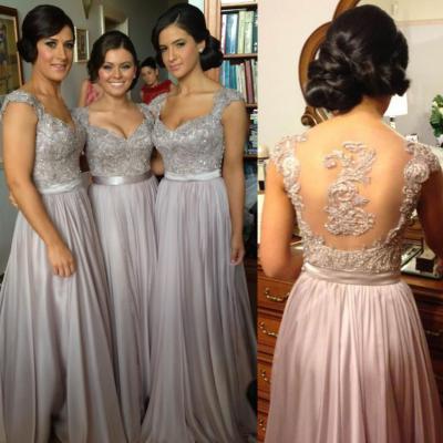 Cap Sleeve Grey Prom Dress, Floor Length Chiffon Prom Dress, Prom Dress with Lace Applique, Bead, Sequin, #02015284