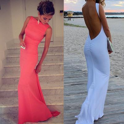 Sleeveless Bateau Prom Dresses, Coral Prom Dresses with Sexy Open Back, Backless Long Prom Dress, #02016324