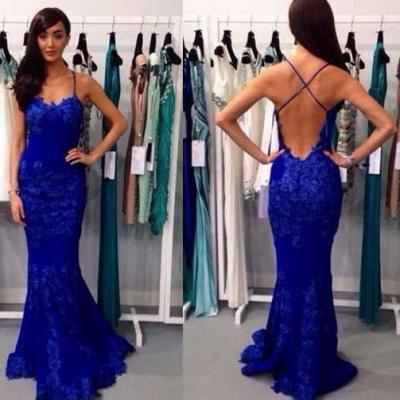 Royal Blue Lace Prom Dress with Crisscross Back, Sexy Mermaid Floral Lace Prom Dresses, Long Prom Dresses, #02016794