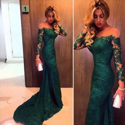 Emerald Green Lace Prom Dress, Long Sleeve Mermaid Prom Dress, Off-the-shoulder Tulle Prom Dresses, #020102176