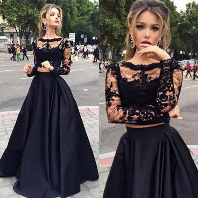 Long Sleeve Lace Prom Dress, Two Piece Prom Dress with Lace Appliques, Black Crop Top Formal Evening Dress, #020102335