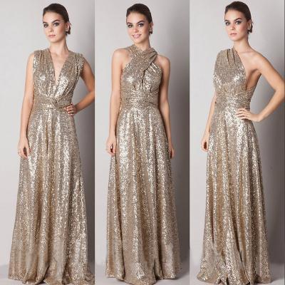 Gold Sequined Convertible Bridesmaid Dress in V-neck, Halter, One Shoulder, Sexy A-line Bridesmaid Dresses, Crisscross Back Bridesmaid Dress, #01012791