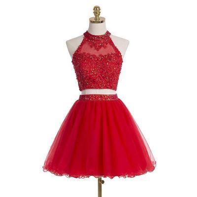 High Neck Red Homecoming Dress with Beads and Sequins, Short Homecoming Dress with Key Hole Back, Two Piece Tulle Homecoming Dress, #020102432