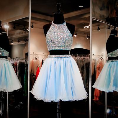 Jewel Neck Light Blue Open Back Short Prom Dress, Halter Two Piece Crystal Beaded Tulle Prom Dress, Princess Sequins Mini Prom Dress, #020102463