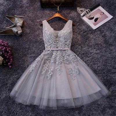 Light Grey Knee Length Tulle Evening Dress Featuring Plunging Neck Bodice with Floral Lace Appliqués 
