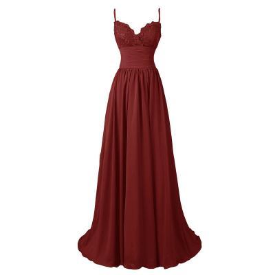 Burgundy Floor Length A-Line Pleated Prom Dress Featuring Lace Plunge V Spaghetti Strap Bodice with Ruched Belt  