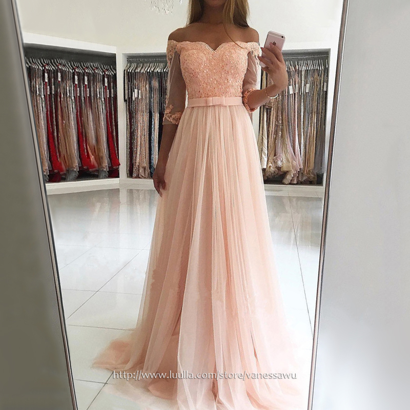 Long Prom Dresses,A-line Off-the-shoulder Formal Dresses,Affordable Tulle Pageant Dresses with Appliques Lace Sashes,#020104905