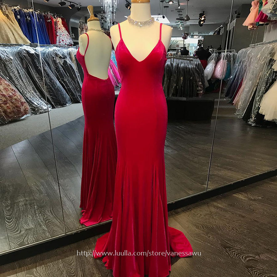 Cheap Prom Dresses,Sheath/Column V-neck Long Formal Evening Dresses,Red Sweep Train Velvet Pageant Dresses,#020105307