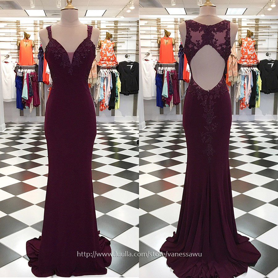 Long Prom Dresses,Trumpet/Mermaid V-neck Formal Evening Dresses,Sweep Train Jersey Pageant Dresses with Appliques Lace Sequins,#020105309