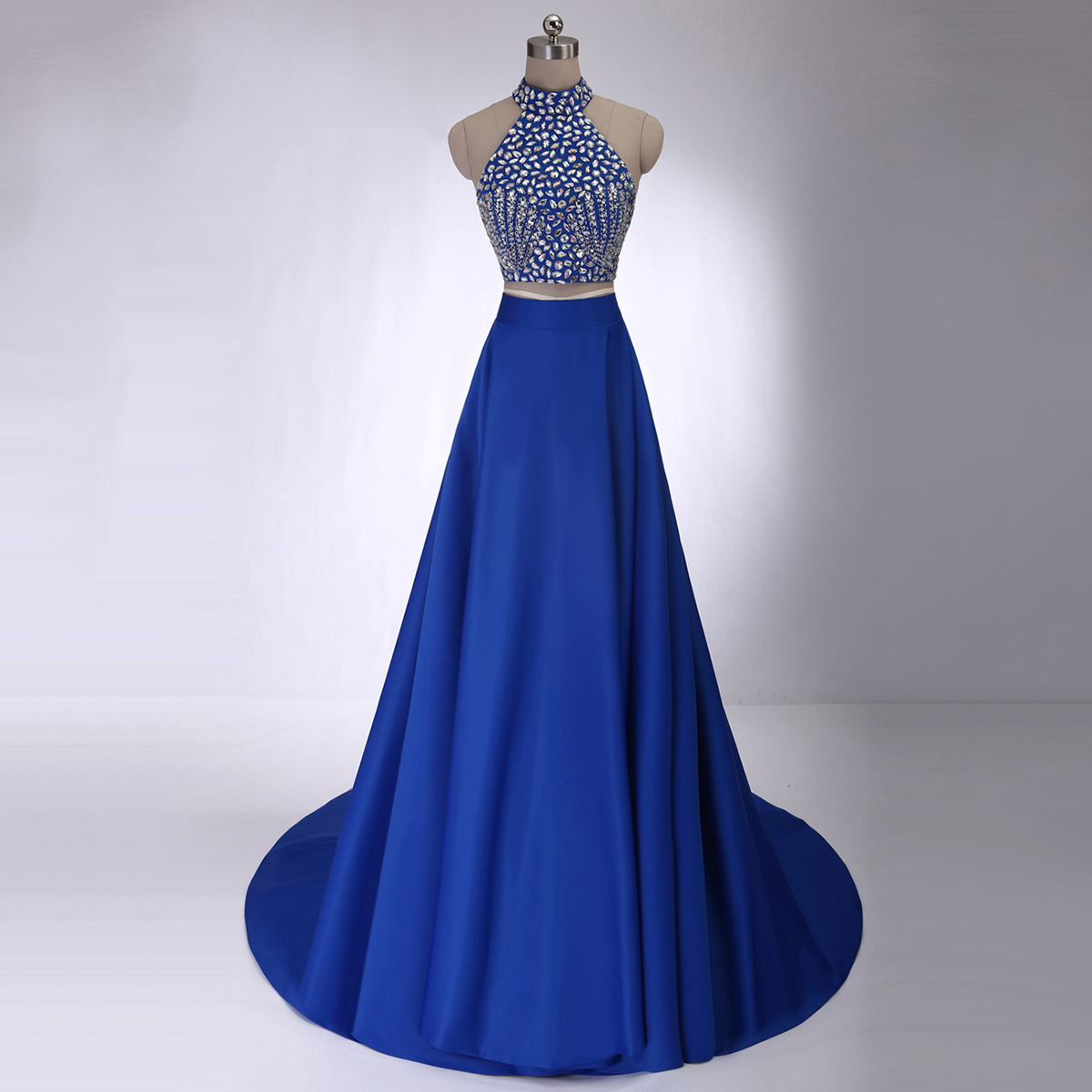 royal blue high neck prom dress