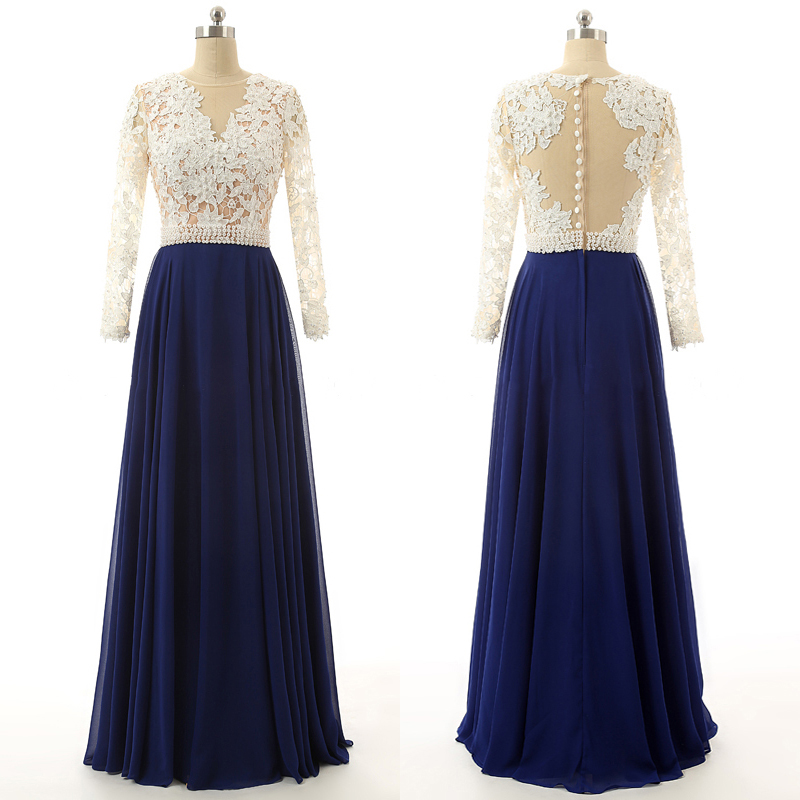 Lace Prom Dresses With Pearl Beaded Belt, Navy Blue A-line Chiffon ...