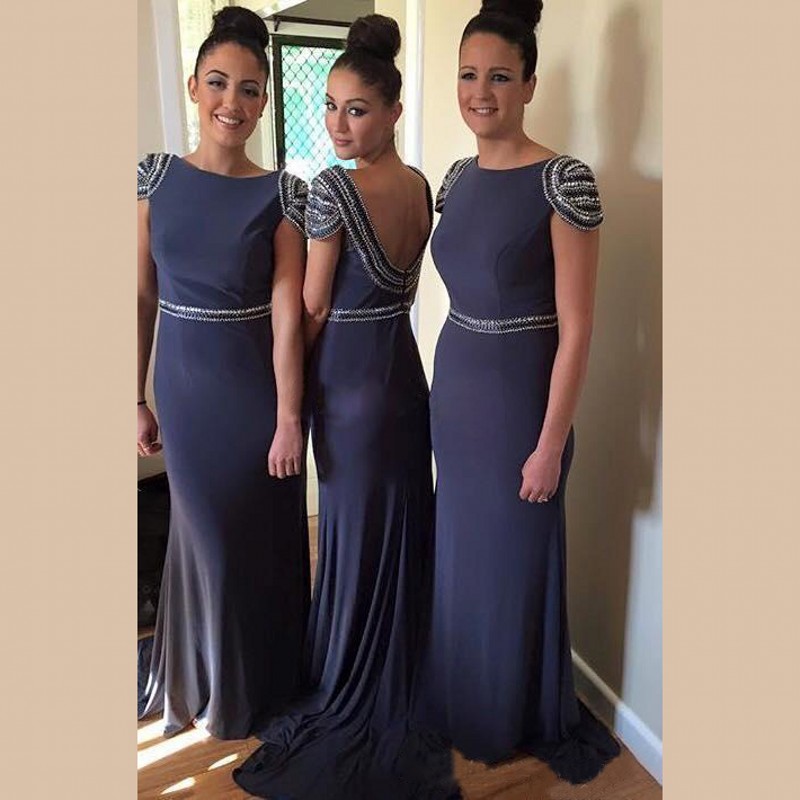 Dark Blue Bridesmaid Dress With Cap Sleeves Beaded Bateau Dark Blue Bridesmaid Dress With Cap Sleeves Beaded Bateau Dresses Low Back Sheath Chiffon Gown A Belt 01012765