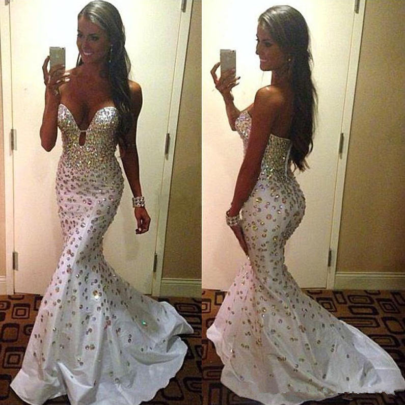 Sweetheart White Prom Dress with Cutouts, Glittering Prom Dress with all over Beads, Long Mermaid Prom Dress, #02016139