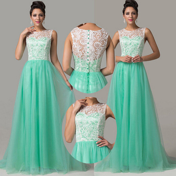 Aqua High Neck Prom Dress with White Lace Bodice, Sleeveless Prom Dresses with Covered Button, Elegant Tulle Prom Dress, #02016812