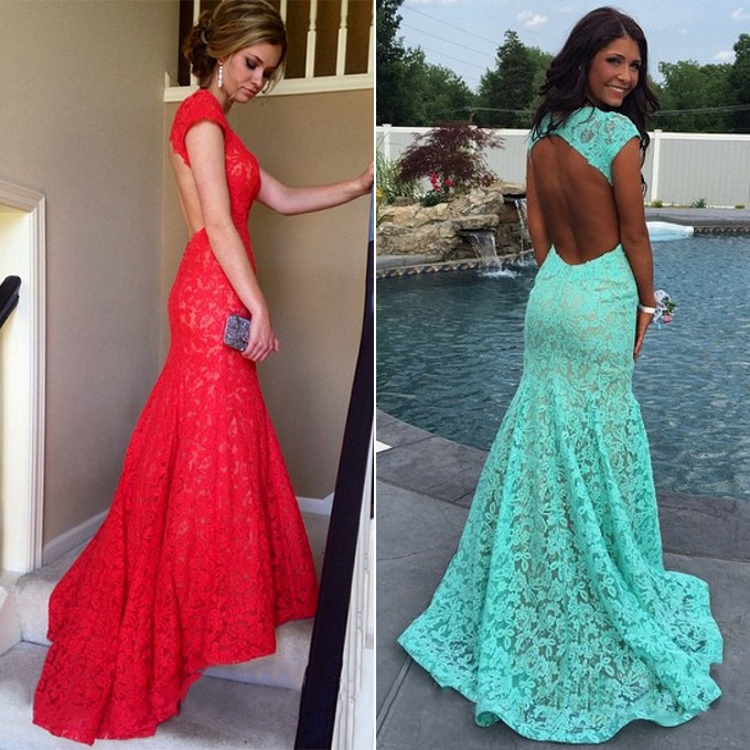 Hot Red Lace Prom Dress, Mermaid Open Back Prom Dresses, Latest Cap Sleeve Long Prom Gowns, #020102172