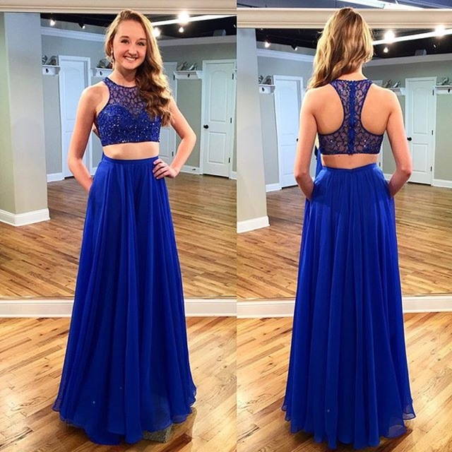 blue crop top prom dress