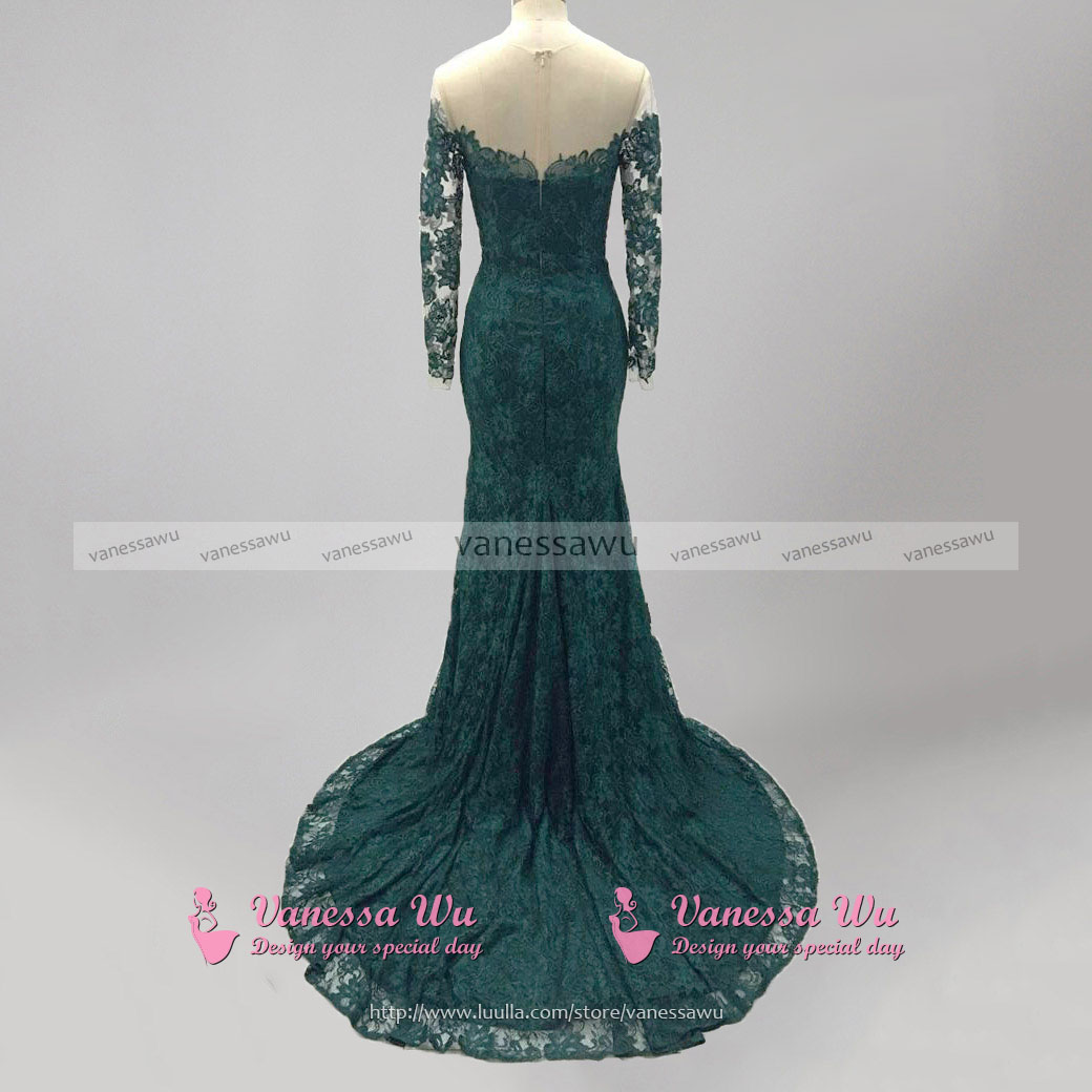 Emerald Green Lace Applique Mermaid Prom Dress V-Neck 3/4 Sleeves Gown