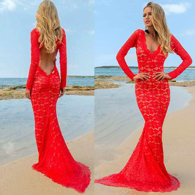 red open back prom dress