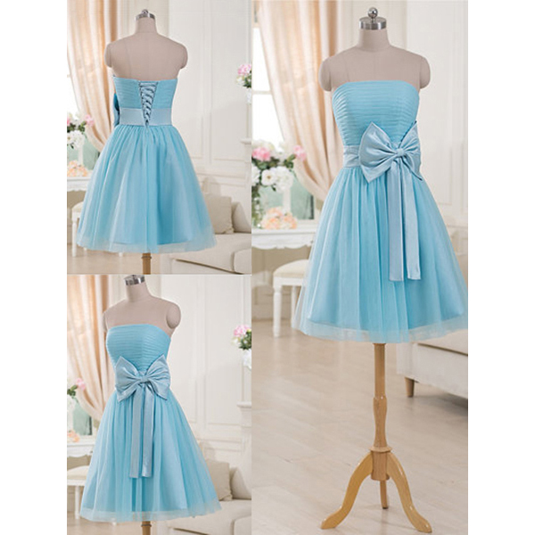 Gorgeous Strapless Short Bridesmaid Dresses, Light Blue Bridesmaid Gown with a Feminine Bow, Mini Bridesmaid Dress with Ruching Detail, #01012516