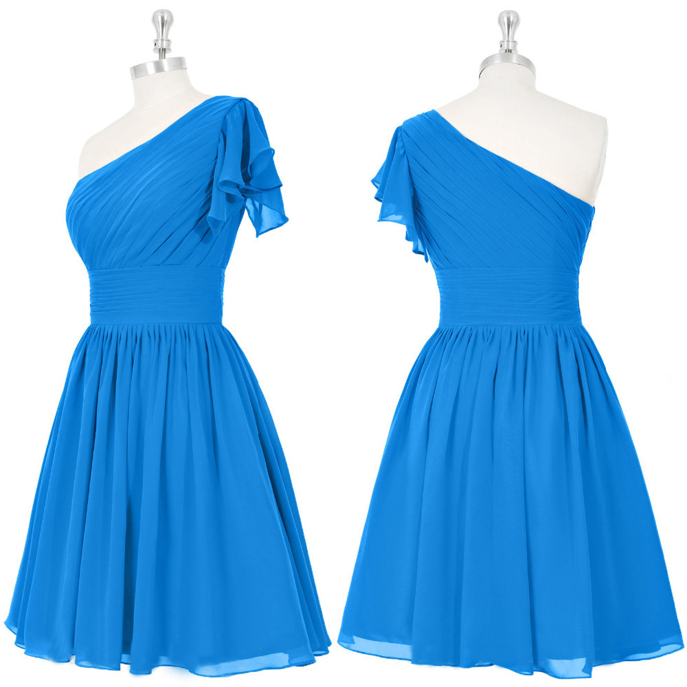 One Shoulder Bridesmaid Dress With Ruffles Short Gowns For Bridesmaid Asymmetric Blue 8133