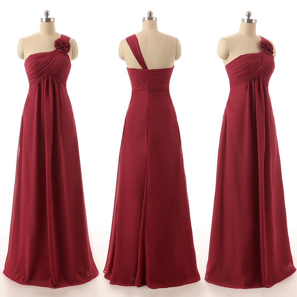 Burgundy Bridesmaid Dresses with Handmade Flowers, Gorgeous Empire Bridesmaid Gowns, One Shoulder Chiffon Bridesmaid Dresses, #01012820