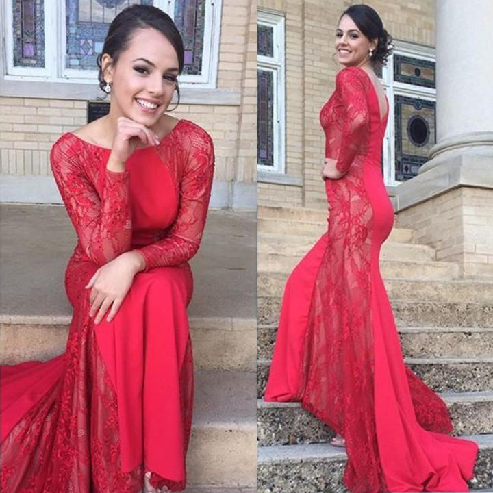 red long sleeve silk dress