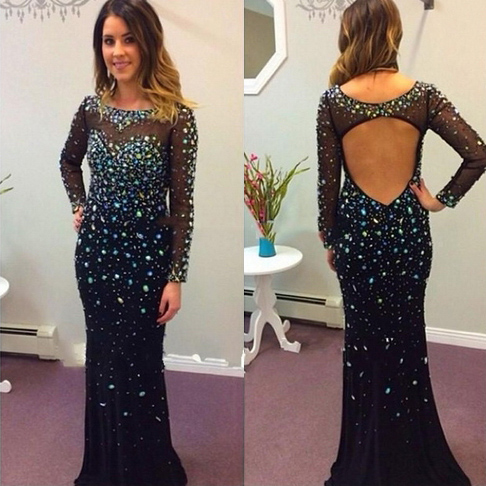 long sleeve beaded prom dress