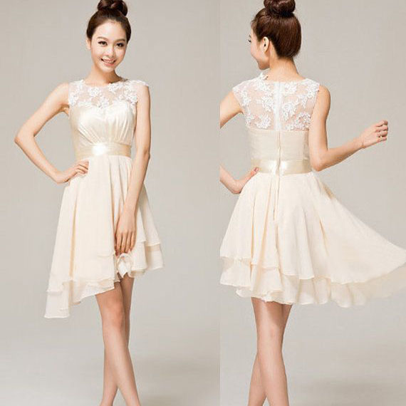 Asymmetrical Short Prom Dresses With Ribbon Illusion Lace White Asymmetrical Short Prom Dresses With Ribbon Illusion Lace White Dress High Low Hem