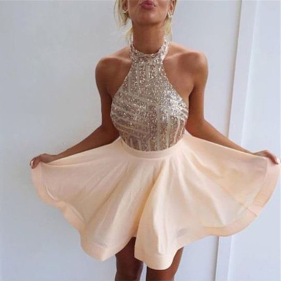 Casual A-line Halter Homecoming Dresses, Chiffon Short Mini Homecoming Dresses, All over Sequined Backless Homecoming Dresses, #020102557