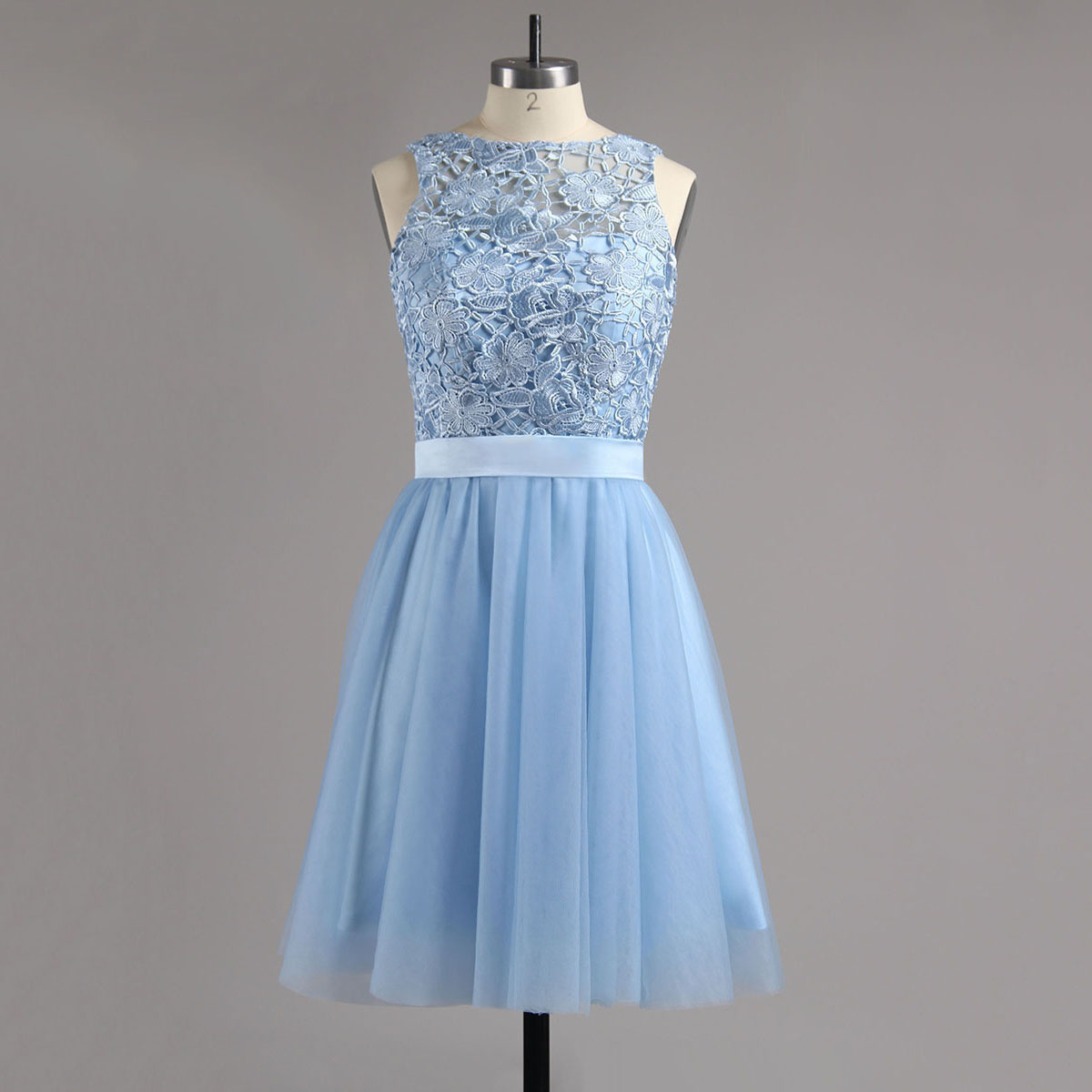 Jewel Ice Blue Homecoming Dress With Sash Illusion Tulle Homecoming