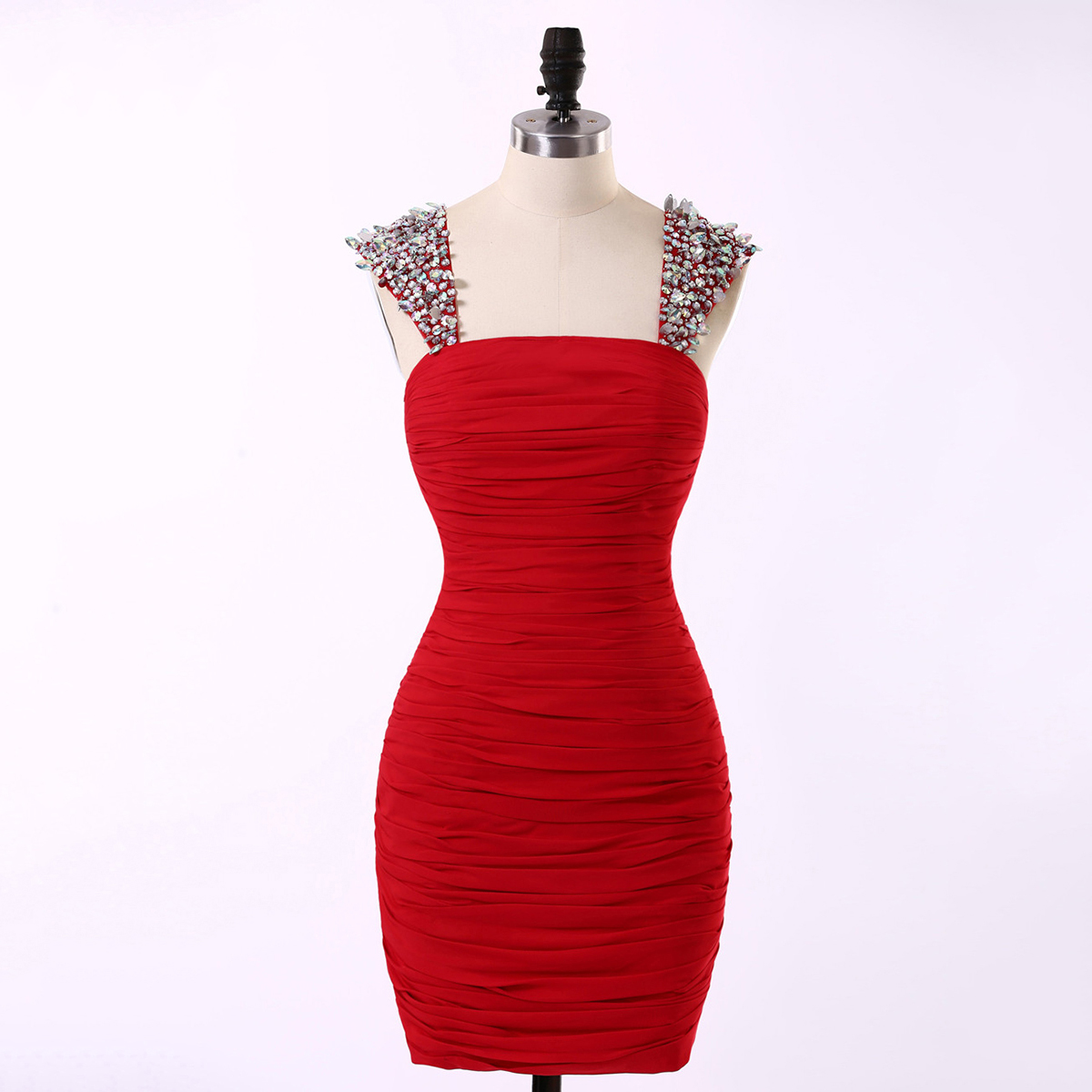 Boycon Short Homecoming Dress with Beaded Straps, Tight Red Chiffon Short Prom Dress, Sexy Sleeveless Mini Homecoming Dress, #020101874