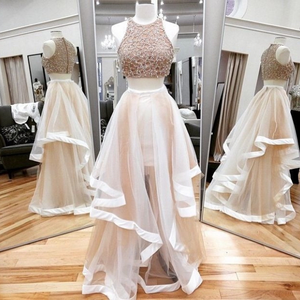 Jewel Neck Ivory Two Piece Prom Dress, Sparkling Beaded Floor Length Tulle Prom Dress, Elegant A-line Crop Top Sleeveless Prom Dress, #020102393