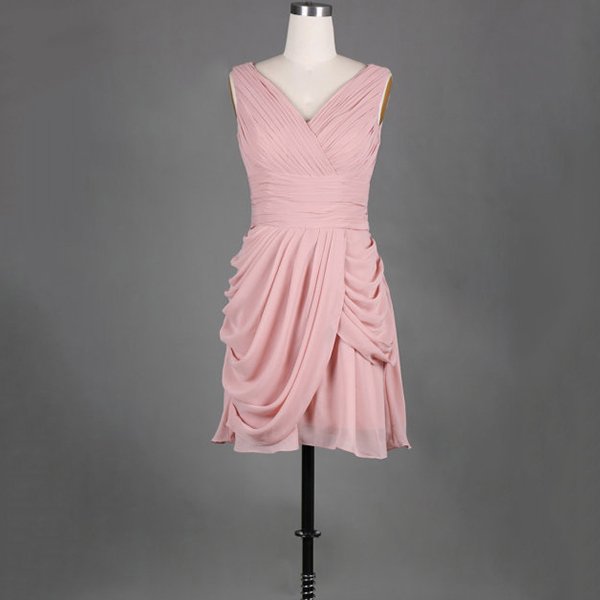 Simple V-neck Pink Bridesmaid Dress, Short Chiffon Bridesmaid Dress with Soft Pleats, Causal Ladies Bridesmaid Dresses with Ruching Detail, #01012389