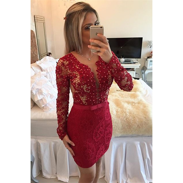 Scoop Neck See-though Lace Short Prom Dress, Long Sleeved Red Bodycon Covered Button Prom Dress, Deep V-neck Pearl Ribbon Mini Prom Dress, #020102458