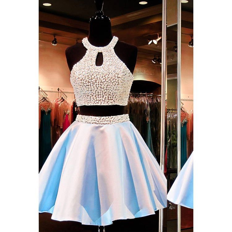 Jewel Neck Crystal Pearl Open Back Short Prom Dress, Sleeveless A-line Two Piece Mini Prom Dress, Princess Crop Top Key Holes Prom Dress, #020102471