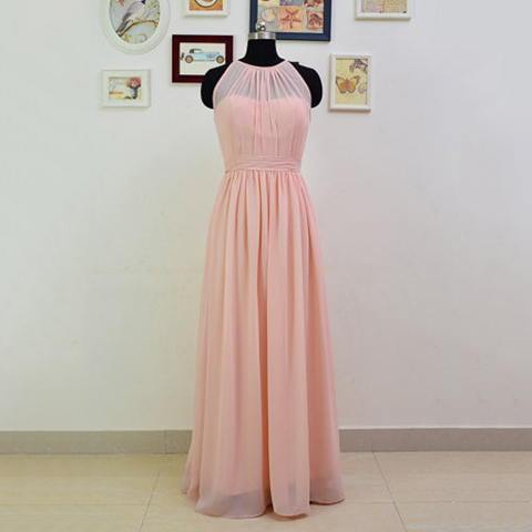 Discounted Pink Floor-length Bridesmaid Dresses, Chic Long Bridesmaid Dresses, Romantic High neck Chiffon Bridesmaid Dresses, #01012551