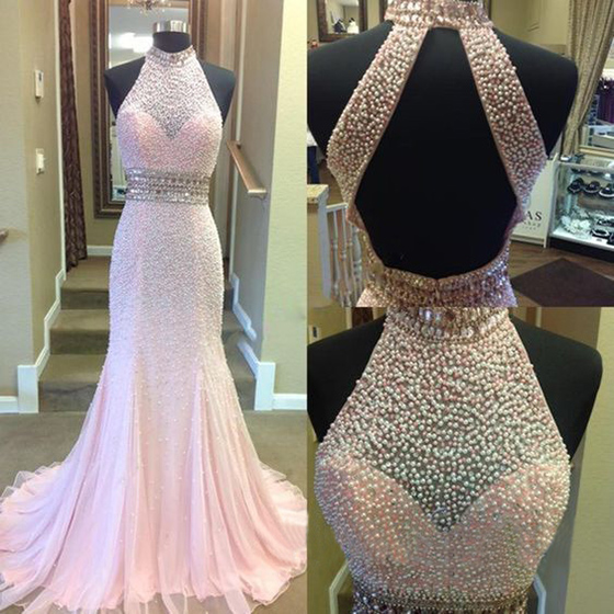 Jewel Neck Pink Mermaid Long Prom Dress, High Neck Crystal Pearl Sweep Train Prom Dress, Sexy Open Back Floor Length Tulle Prom Dress, #020102495