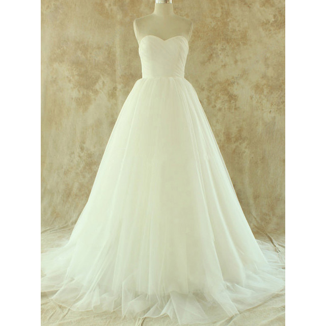 Strapless Sweetheart Ruched Tulle Ball Gown Wedding Dress Featuring Lace-Up Back and Court Train