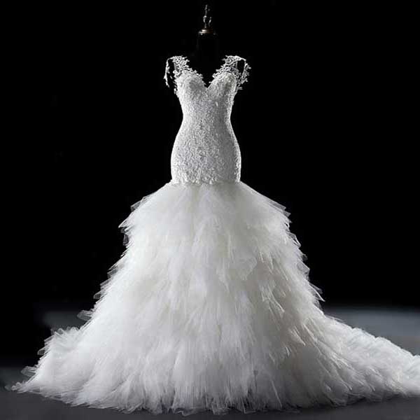 Luxury Wedding Dresses with Feather Ruffles, Fabulous V-neck Bridal Gown with Chapel Train, Royal Trumpet Lace Wedding Dress, #00021291