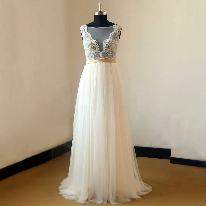 Sleeveless Illusion Plunging V Lace Appliques A-line Wedding Dress Featuring Sheer Back and Sweep Train